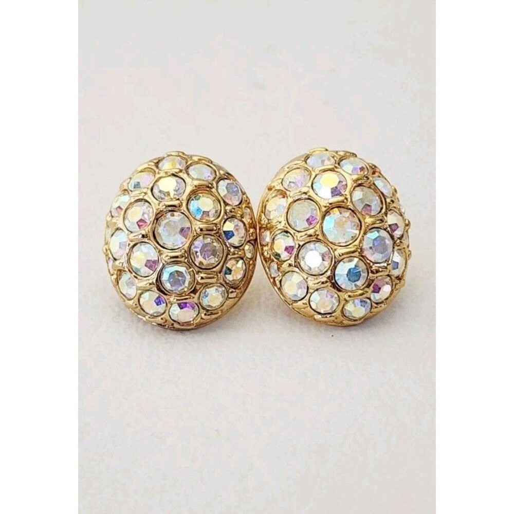 Vintage Estate Gold Tone Swarovski AB Crystal Oval Dome Button Clip On Earrings